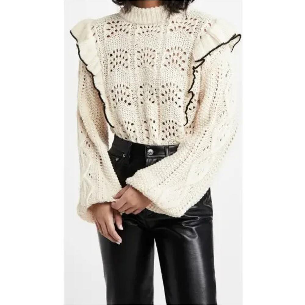 En Saison Morgan Sweater Women‎ Small Beige Ruffled Pointelle Knit Preppy New
